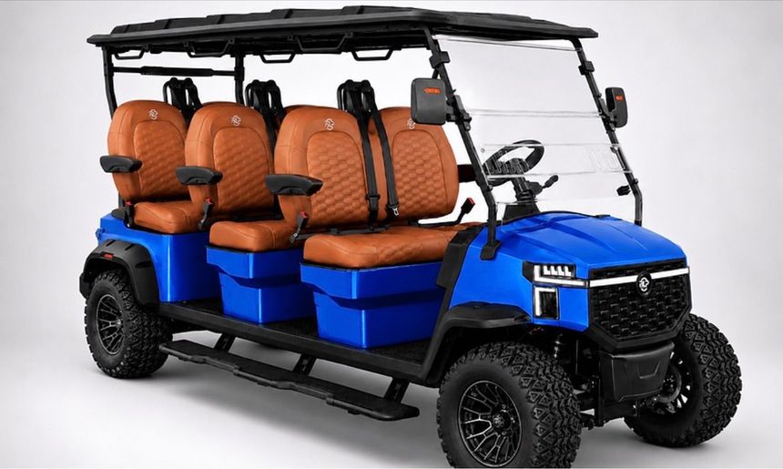 Blue four-seat golf cart with black roof and orange seats, shown in side view.