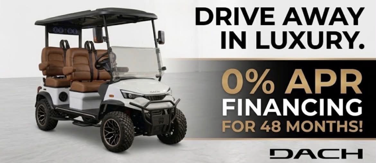 Golf cart with tan seats under text “Drive away in luxury. 0% APR financing for 48 months!”