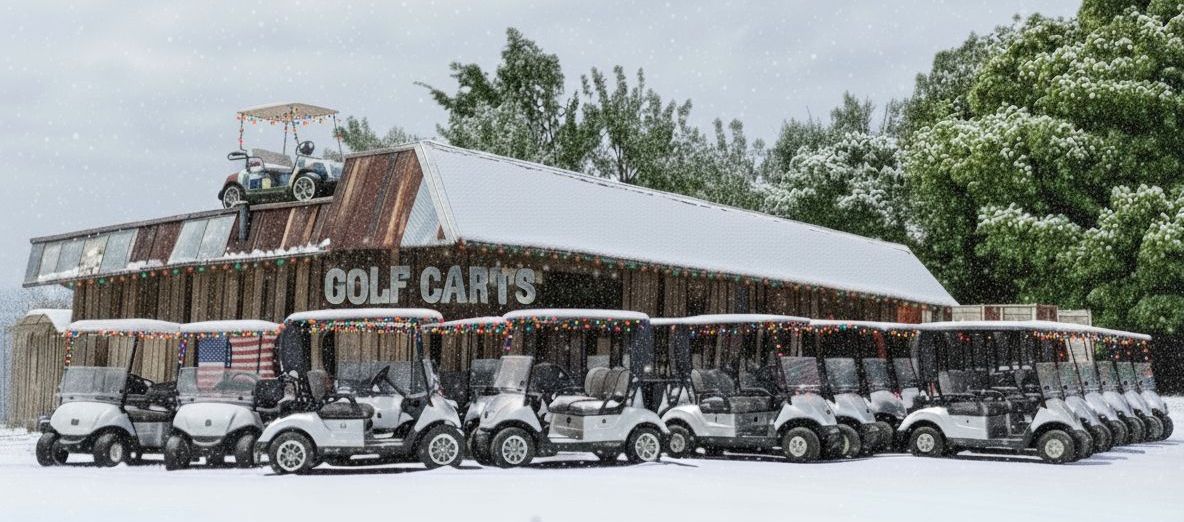 Snowy scene with golf carts parked in front of a building that says