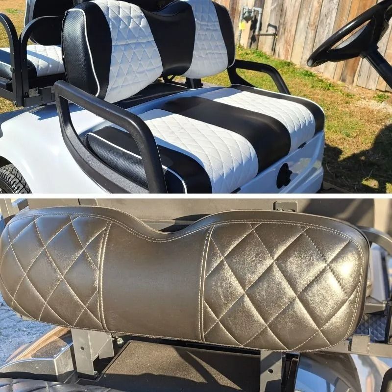 A black and white striped golf cart seat is shown