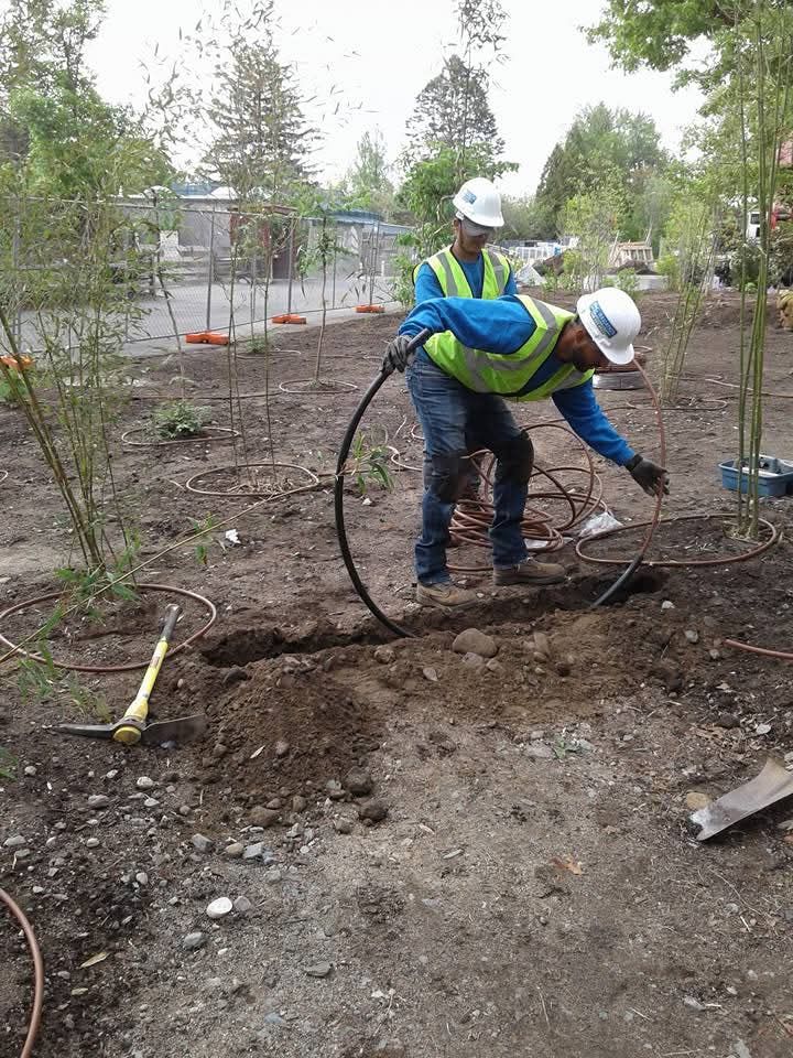 A man is digging a hole in the dirt with a hose.