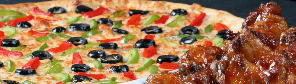 Pizza with olives and veggies.
