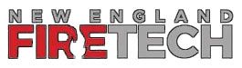 NEW ENGLAND FIRETECH logo with red and gray block letters on white background