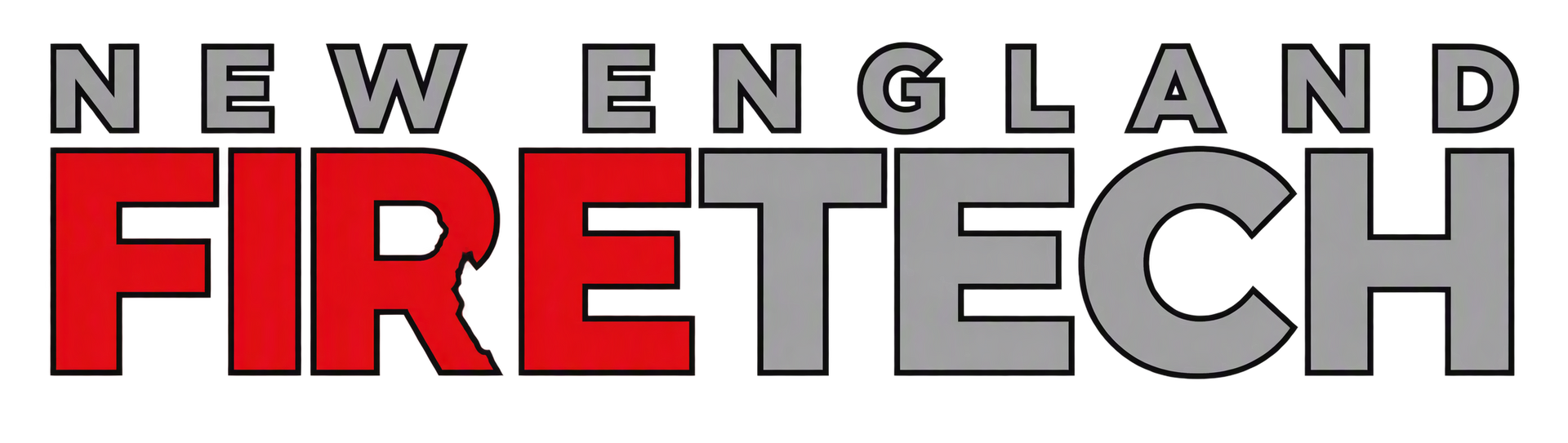 NEW ENGLAND FIRETECH logo with red and gray block letters on white background