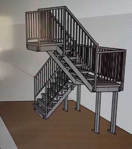 Metal outdoor staircase design with two flights and railings. Supported by vertical posts.