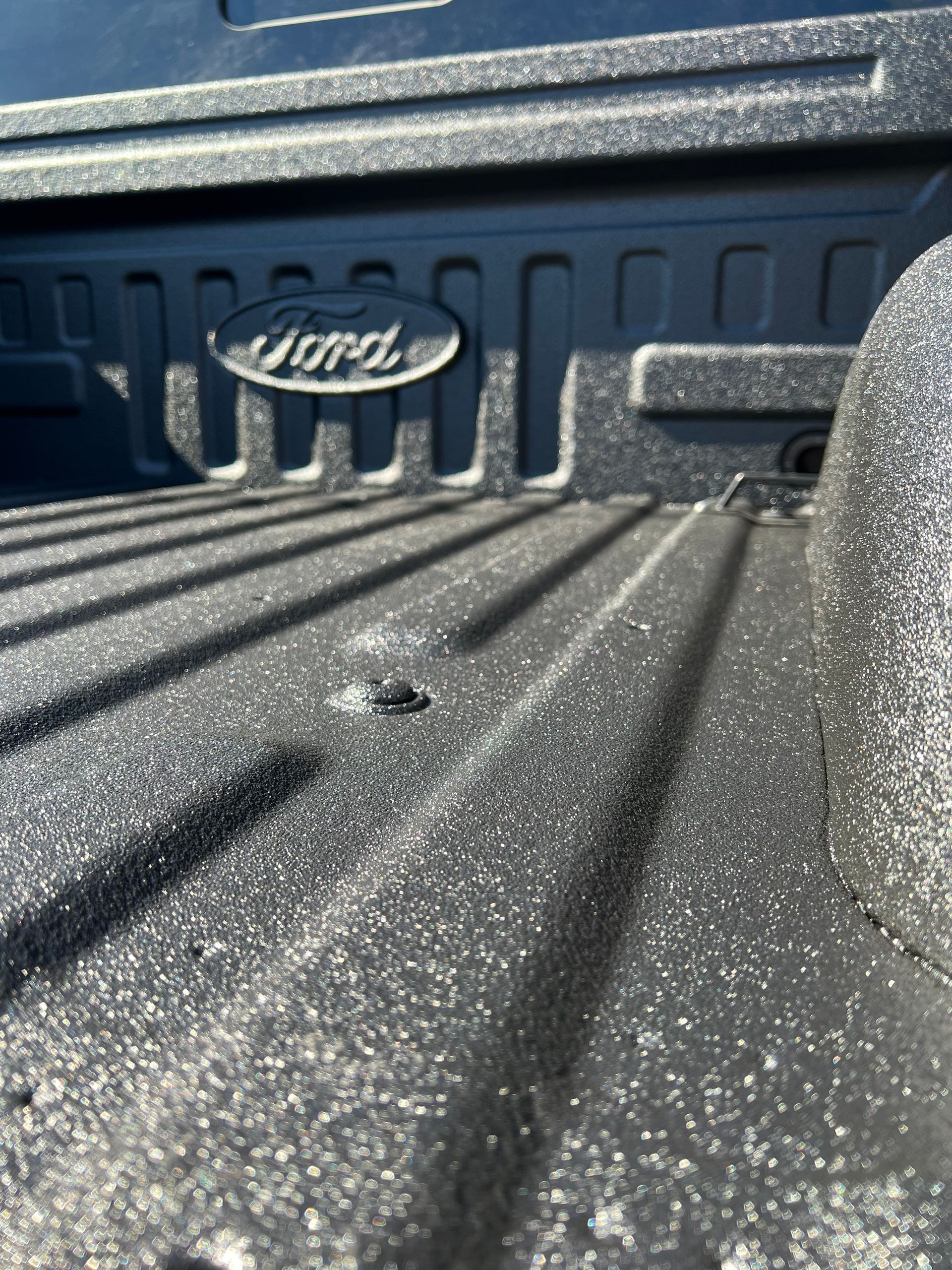 A black, textured truck bed liner with a Ford logo on the front panel and a metal tie-down point on the side.