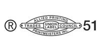 Black-and-white oval union label with “Allied Printing Trades Union Council” and number 51