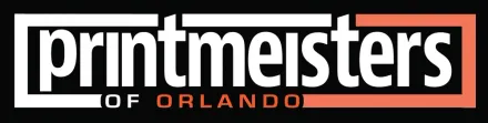 Printmeisters logo in white and orange on a black background