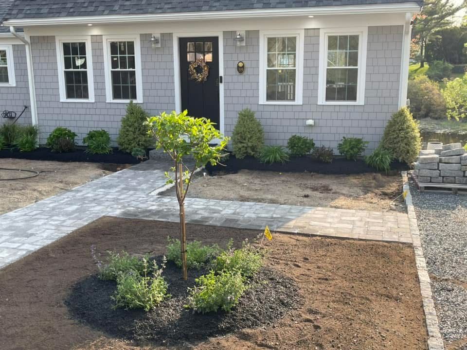 A small tree is in front of a gray house.
