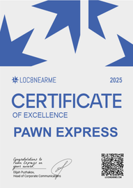 Certificate of Excellence for Pawn Express, LOC8NEAREME, 2025, blue-and-white design with a QR code.