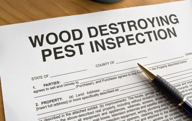 Wood destroying pest inspection document with pen.