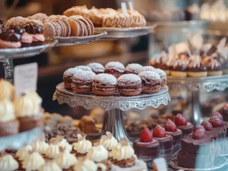 Pastries and cakes displayed on tiered stands in a bakery window, sugared and topped with fruit.