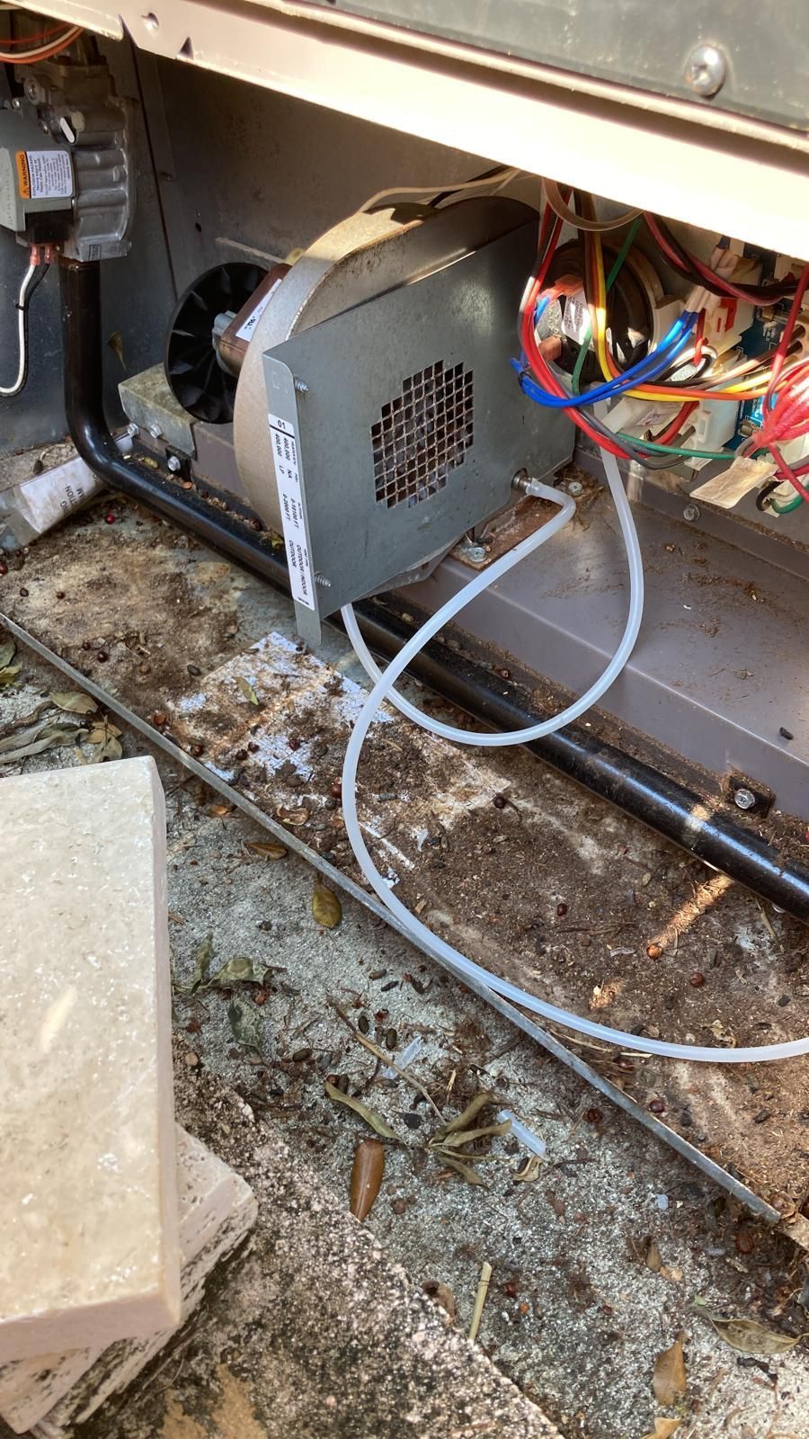 HVAC unit's interior. A blower, wiring, and tubing are visible within a metal housing, set outdoors on a dirty surface.