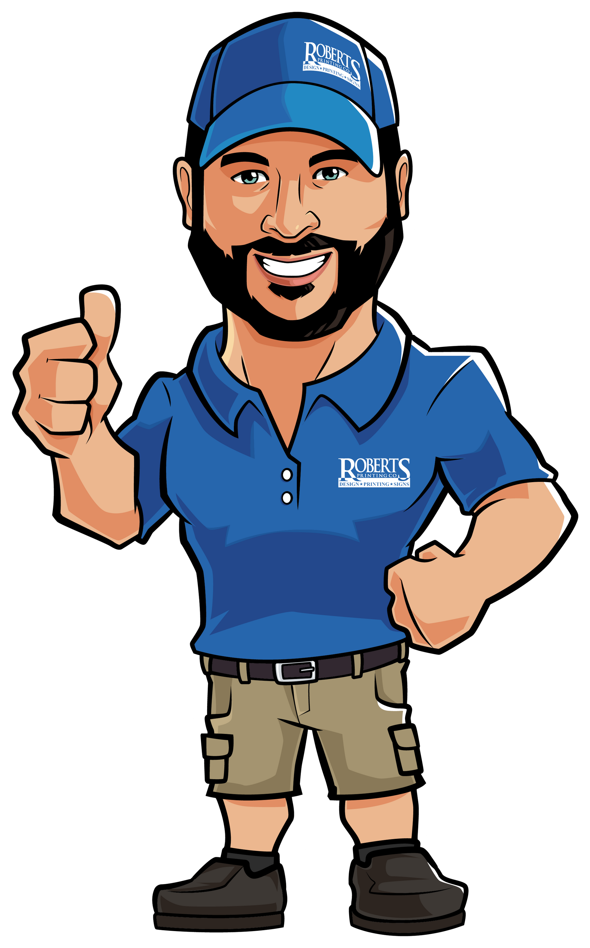A cartoon of a man with a beard wearing a blue shirt and hat giving a thumbs up.