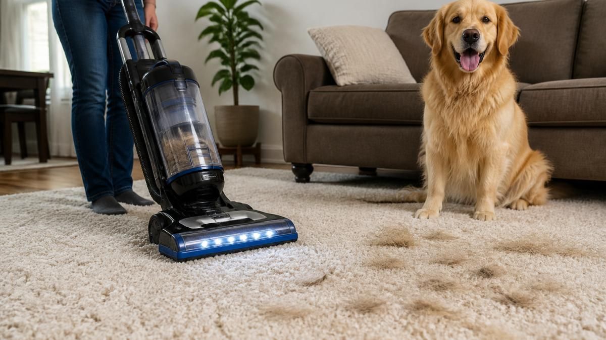 Diagram illustrating how a vacuum for pet hair effectively lifts deep-seated fur from thick carpet fibers.