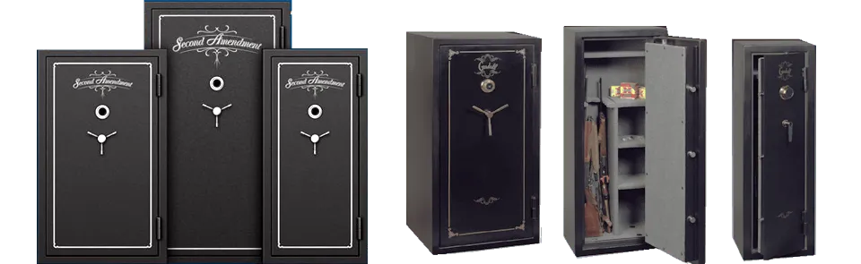Several black gun safes, some closed, one open showing interior.