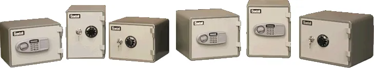 Lineup of small, light-colored safes with various locking mechanisms, set against a white backdrop.