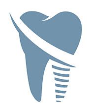 Blue tooth with a white dental floss-like line wrapping around the crown, and a screw-like implant base.