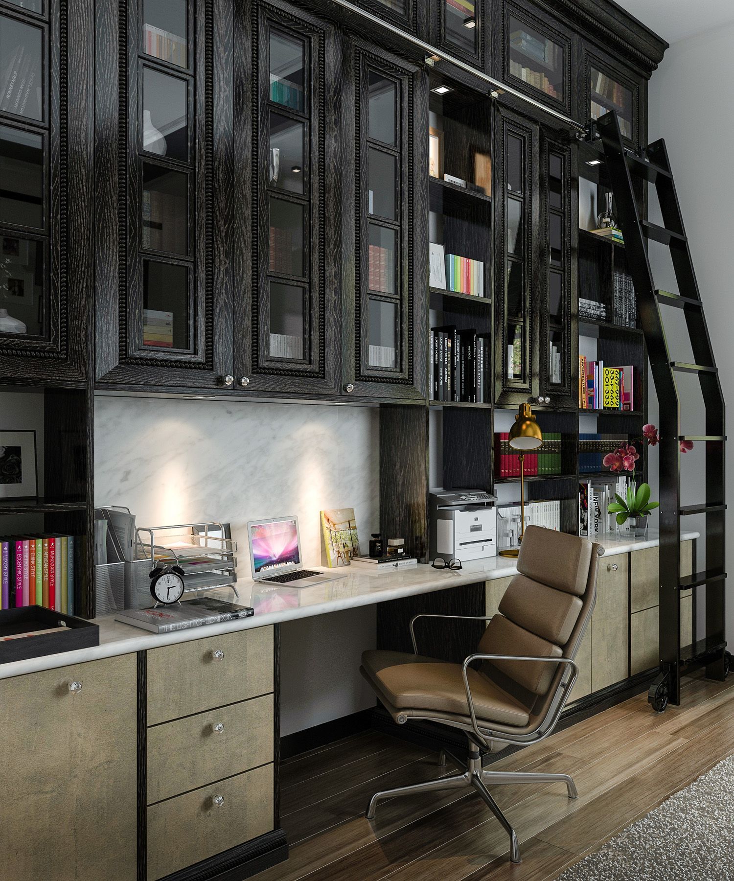 Dark wood home office with a built-in desk, cabinetry, and ladder access to upper shelves. A leather office chair sits at the desk.