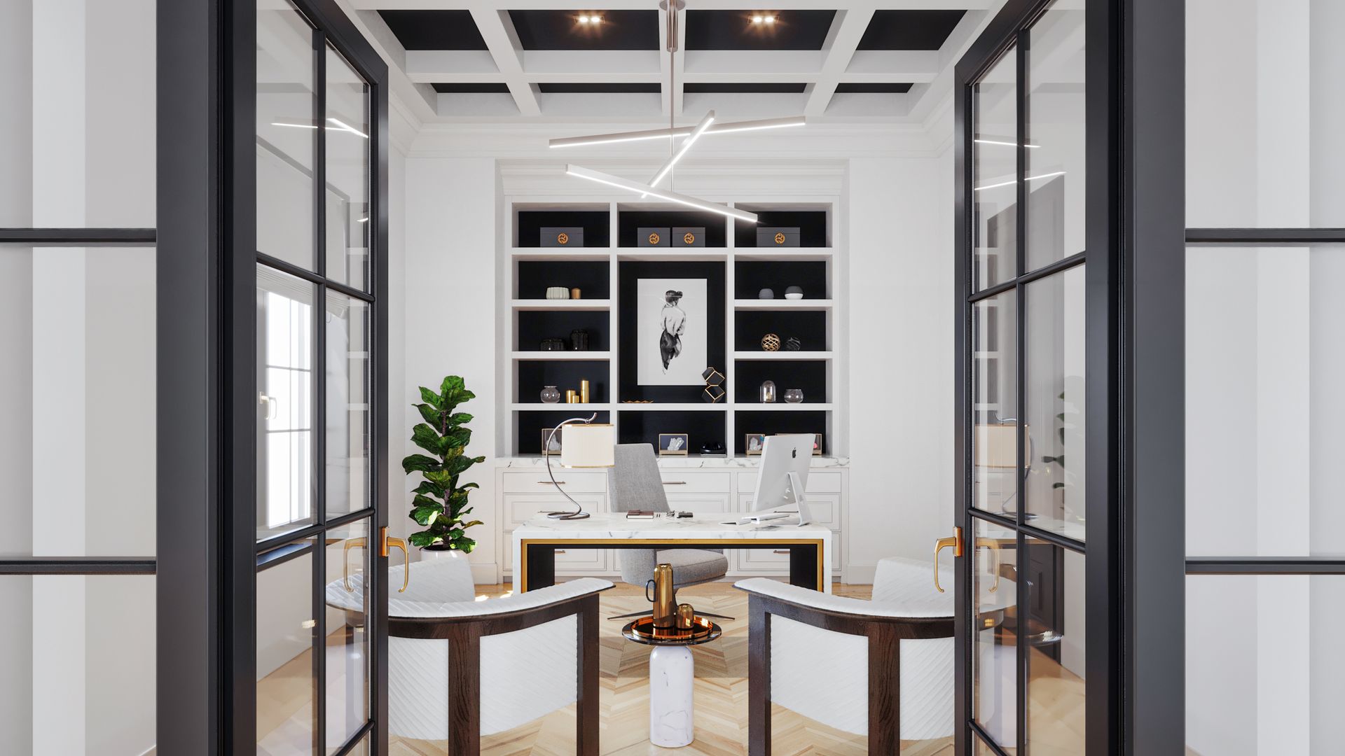 Elegant home office with white and gold desk, bookshelves, and glass French doors.