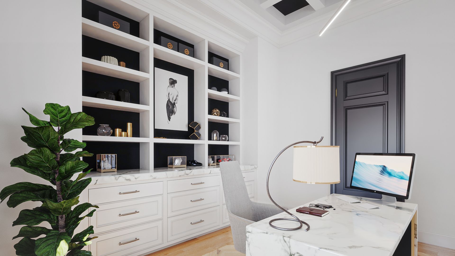 A modern home office with a white bookshelf, desk, and a large plant; black accents and light colors are used.