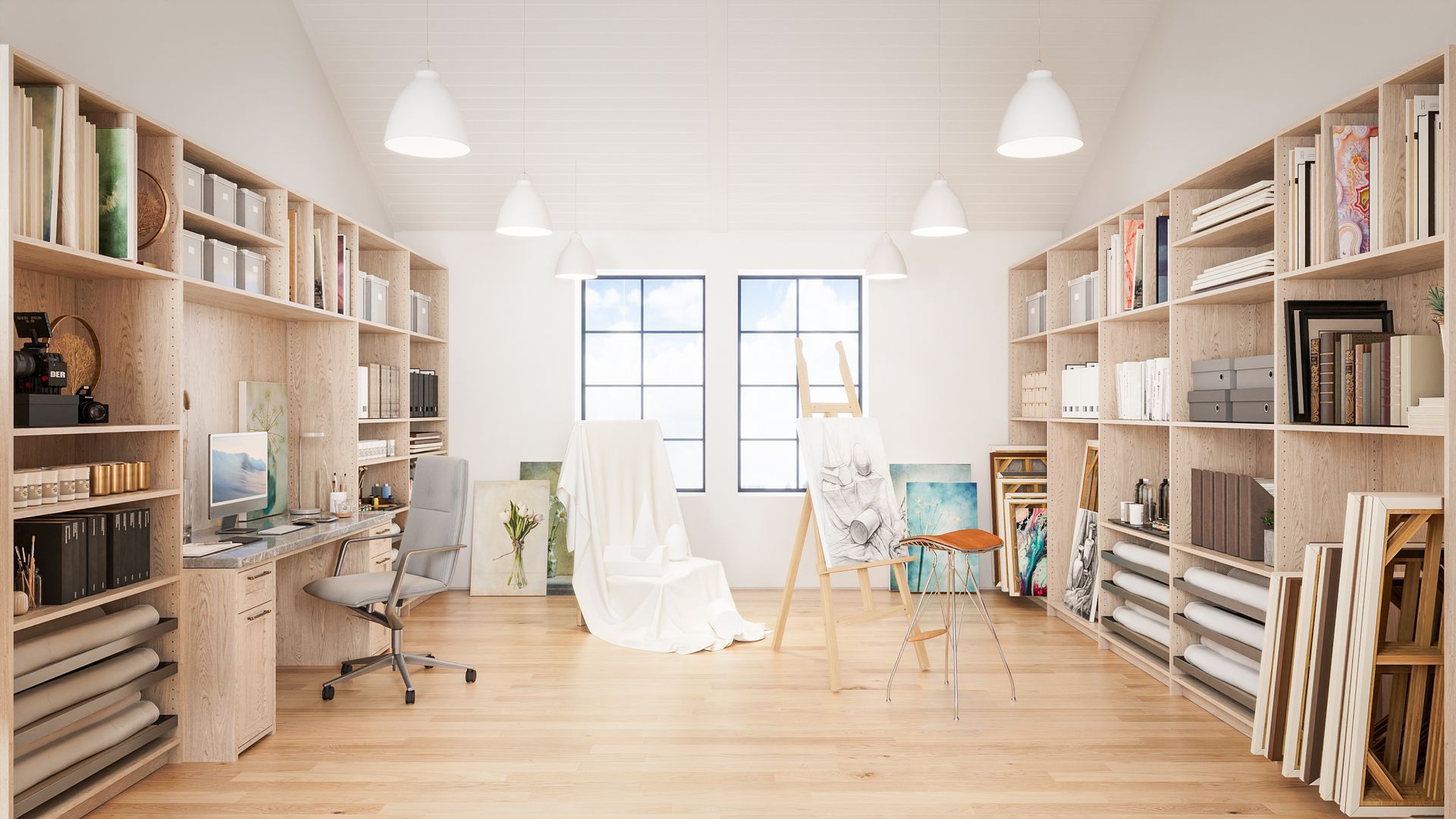 A room with a lot of bookshelves and paintings on the floor.