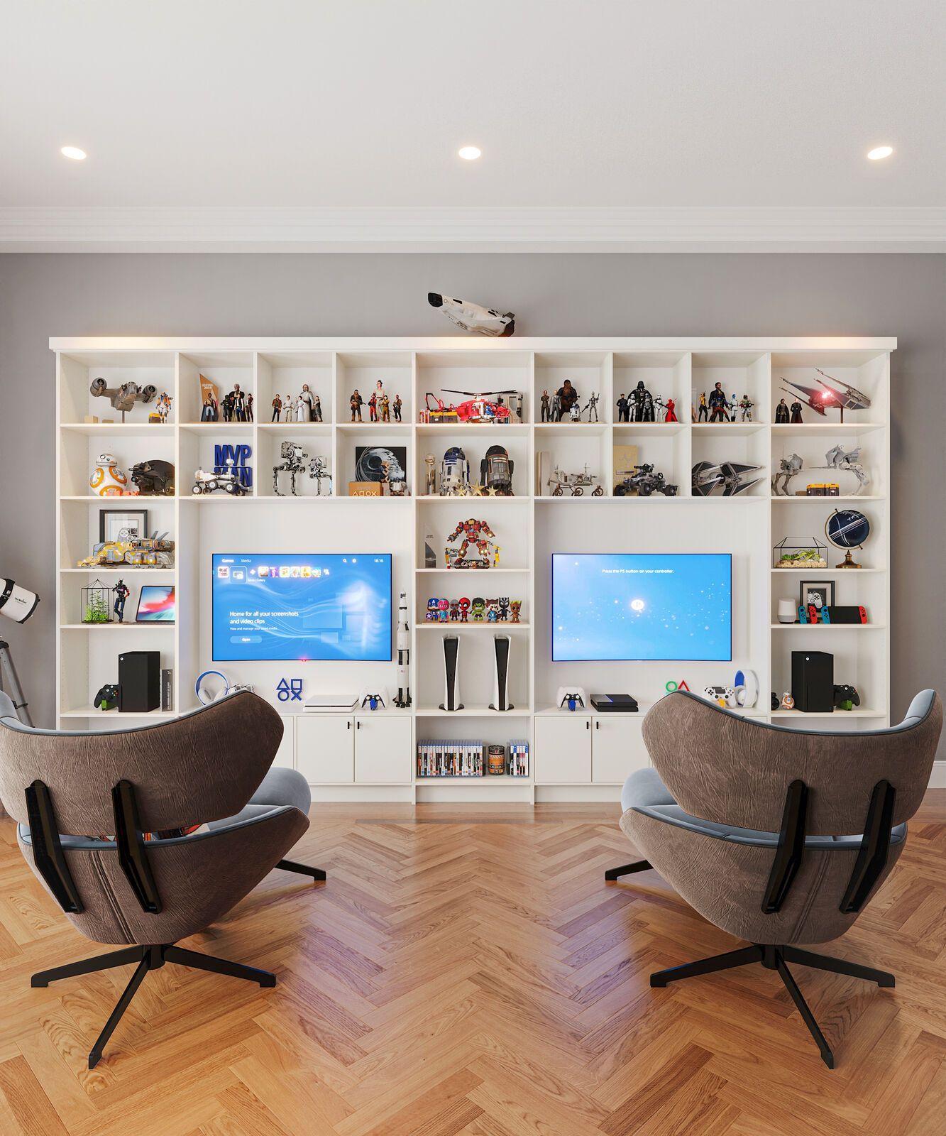 Gaming room with a white shelving unit holding two TVs, games, and collectibles. Two armchairs face the TVs, set against a gray wall.