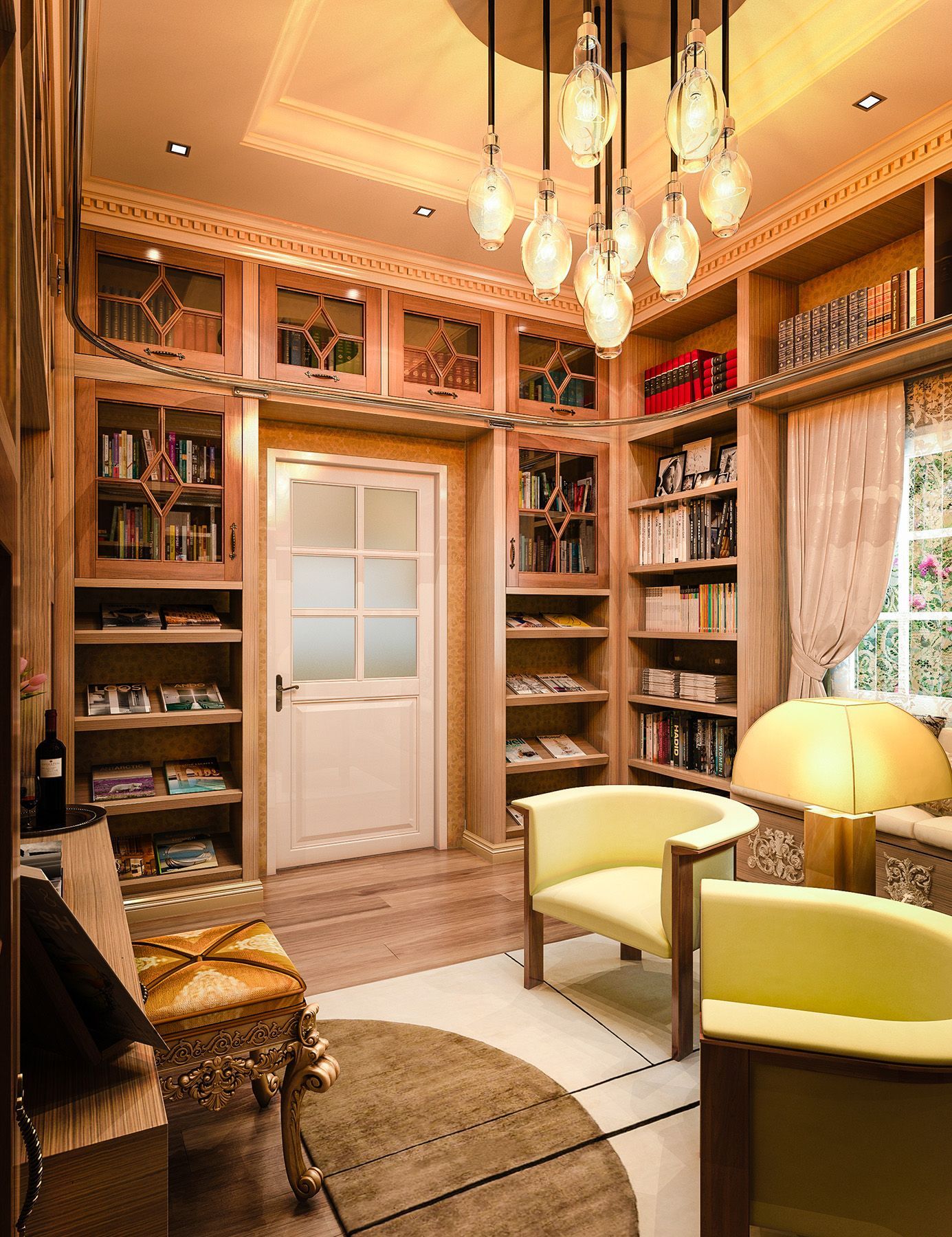 Cozy home library with wooden bookshelves, a small sitting area, and a decorative chandelier. Yellow chairs and a white door are visible.