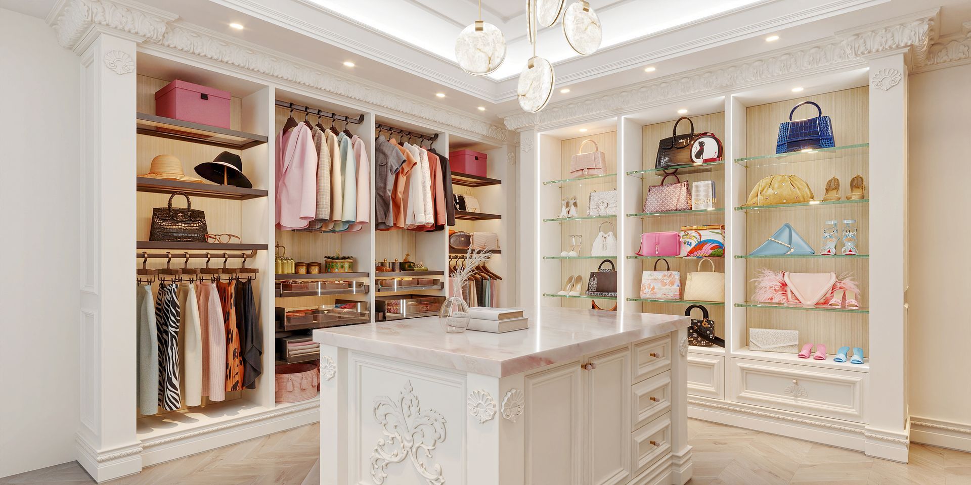 A luxurious walk-in closet with white cabinetry, displaying clothes, shoes, and purses.  A center island provides storage and a workspace.