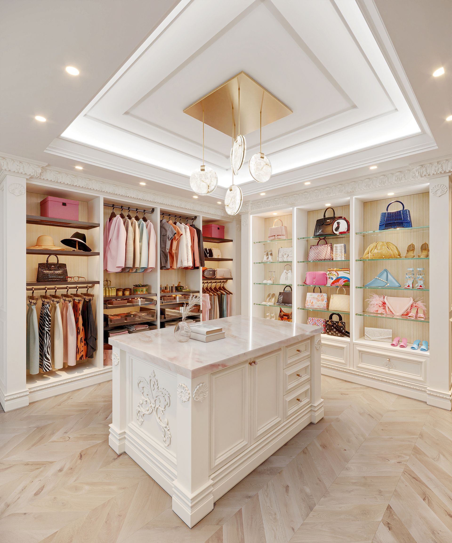 Luxurious walk-in closet with white cabinets, a central island, and organized clothing and accessories.  Soft lighting and a chandelier create a glamorous atmosphere.