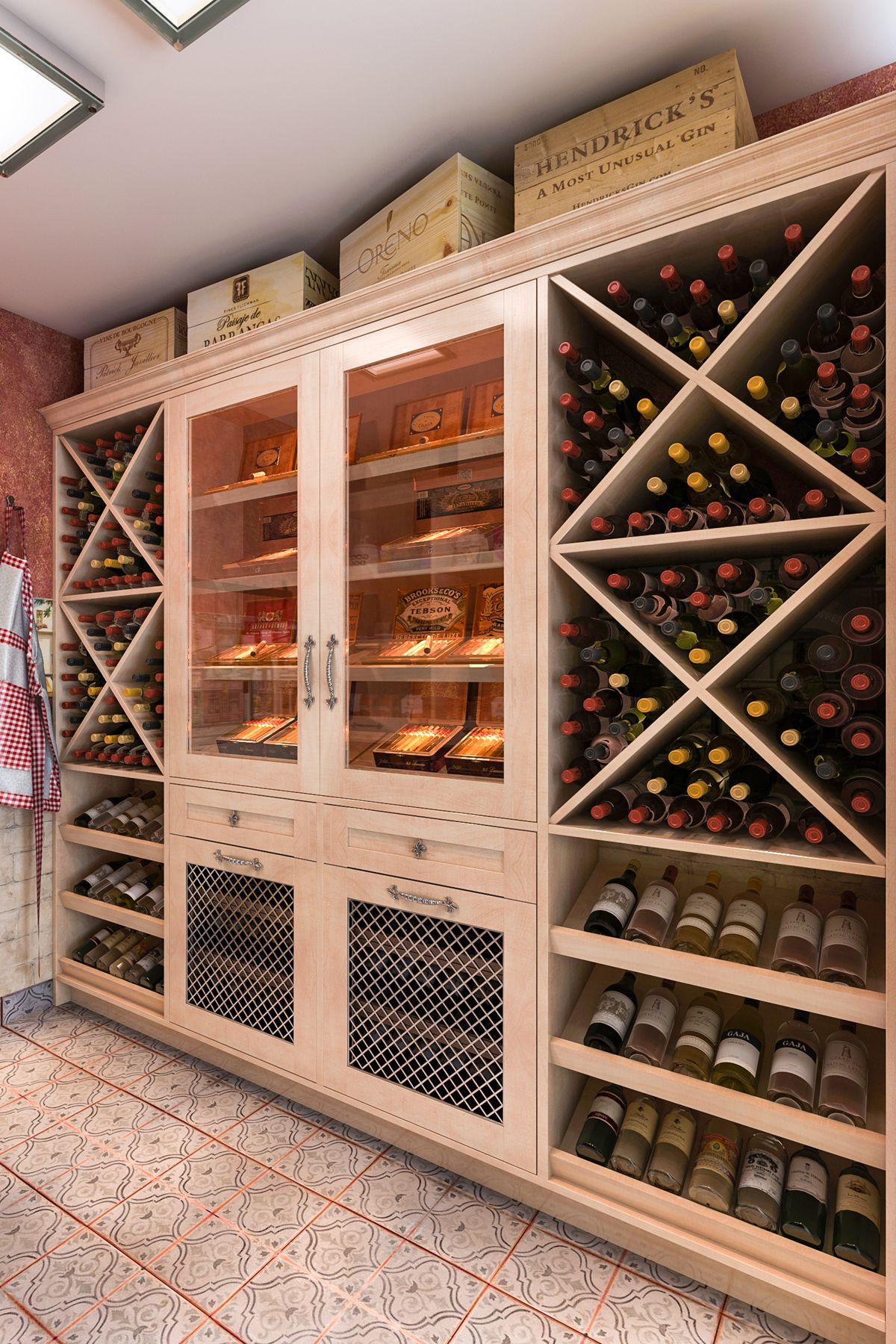 A built-in wine cabinet with wooden racks and glass-doored refrigerated sections, filled with wine bottles and storage boxes.