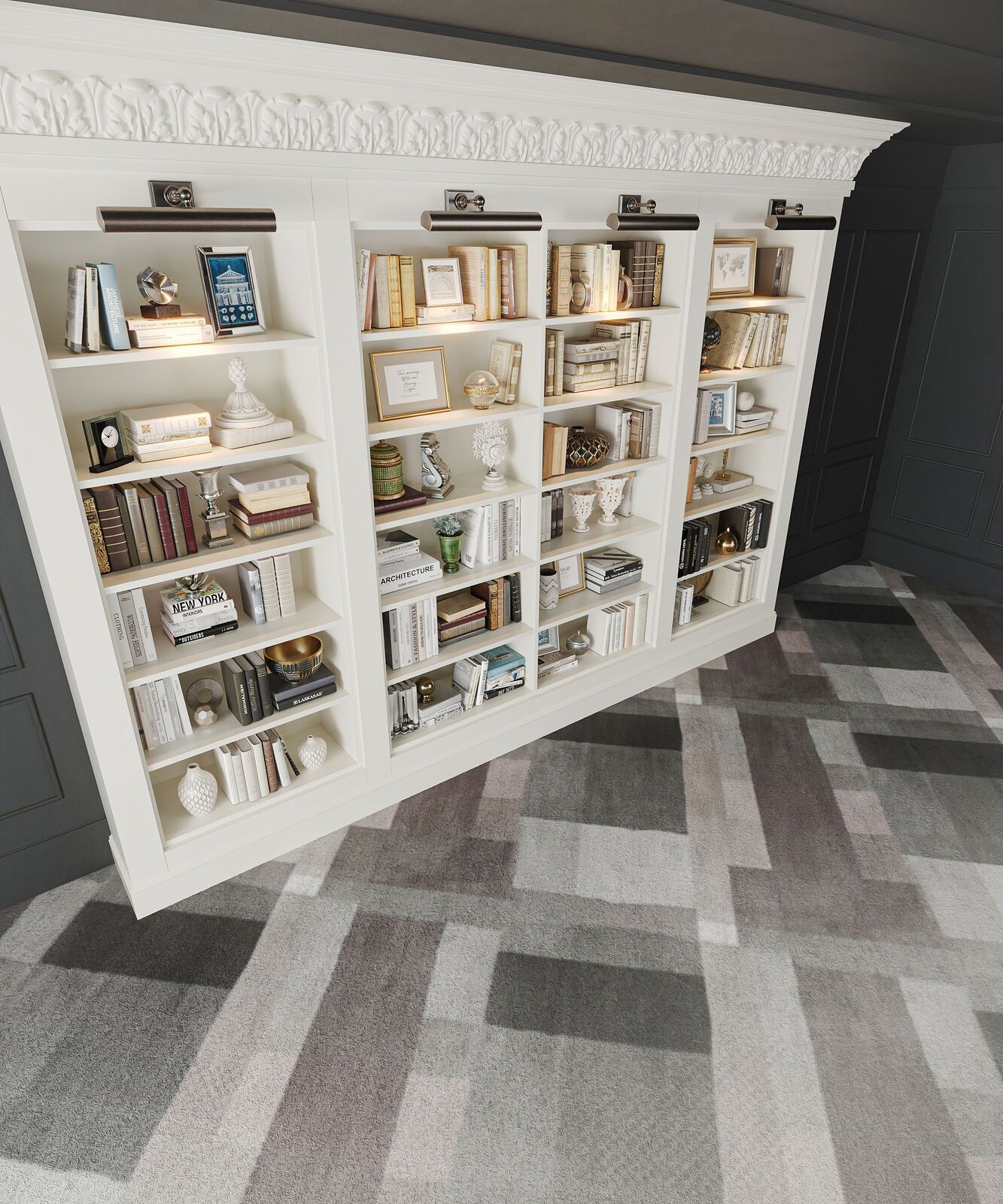 White bookshelf filled with books and decorative items. It's set against a grey wall and a patterned rug.