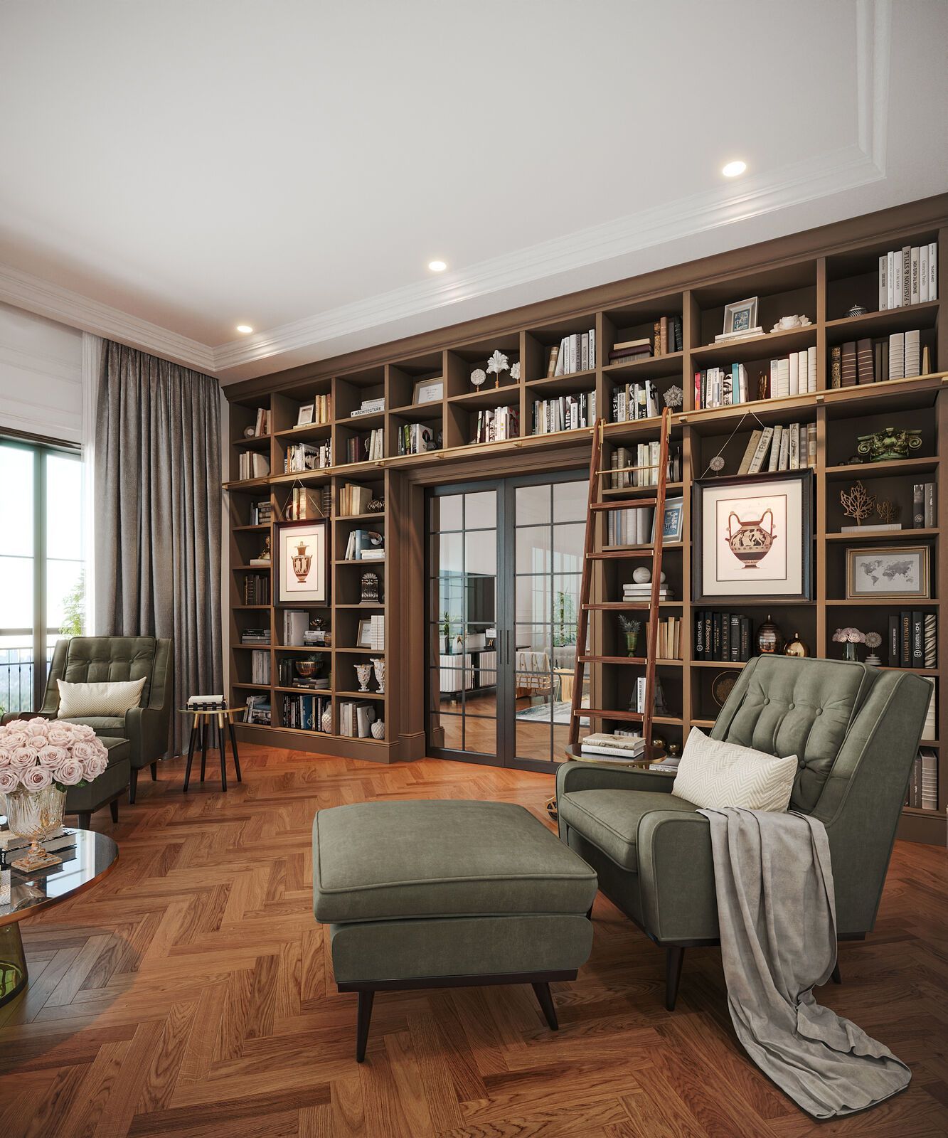 Cozy library with built-in bookshelves filled with books, two armchairs, and an ottoman. Wooden floor and glass doors lead to another room.