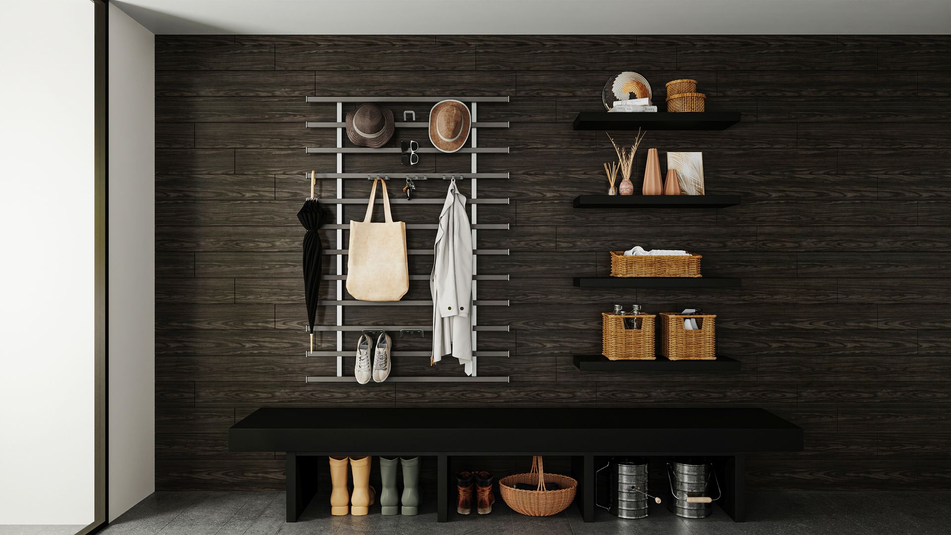 Hallway with a dark wood panel wall, a metal organizer, bench with storage, and shelves holding accessories.
