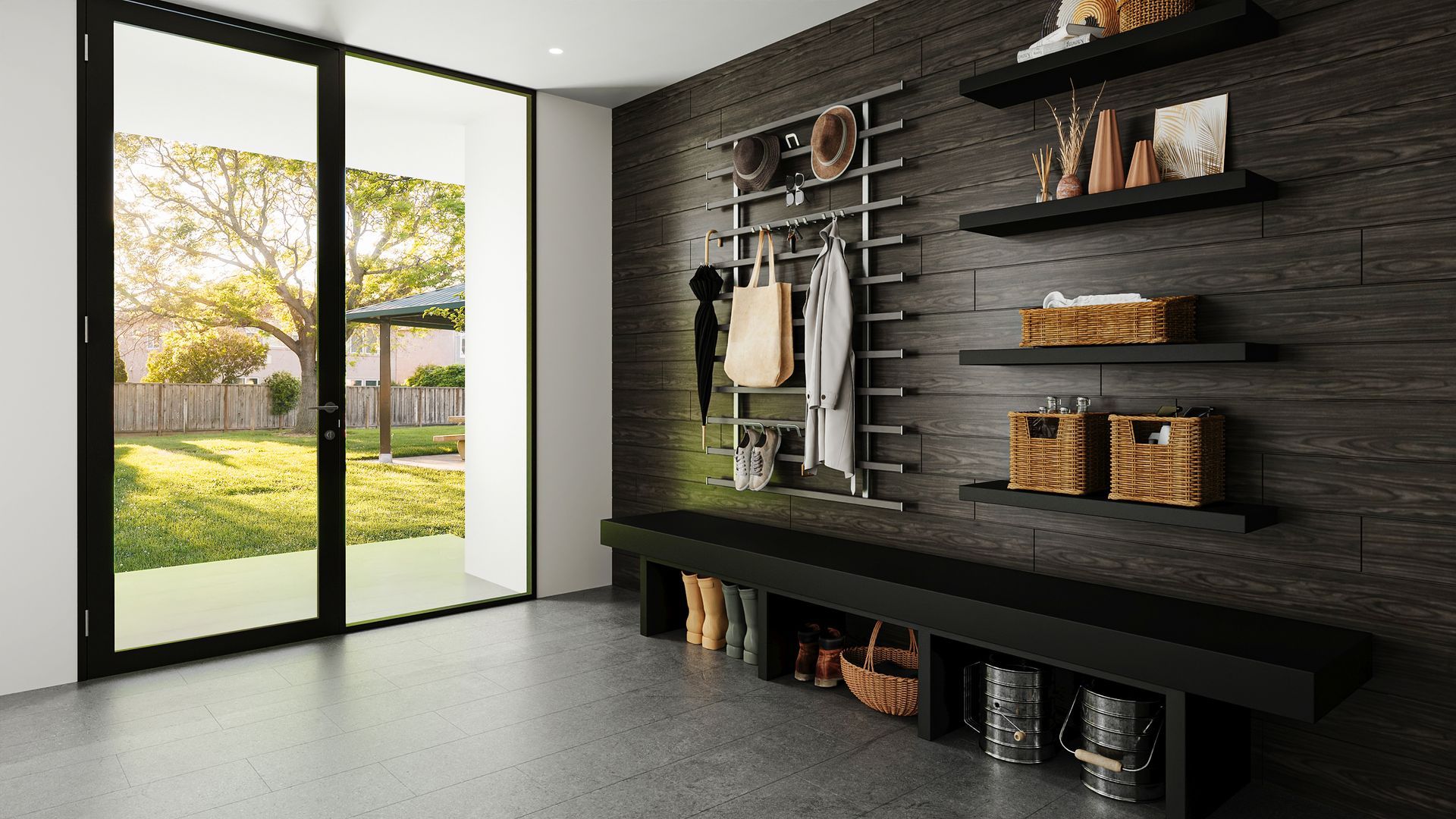 Entryway with dark wood paneling, bench, and shelving. Includes a metal rack for hanging items, with a view of the backyard through large doors.