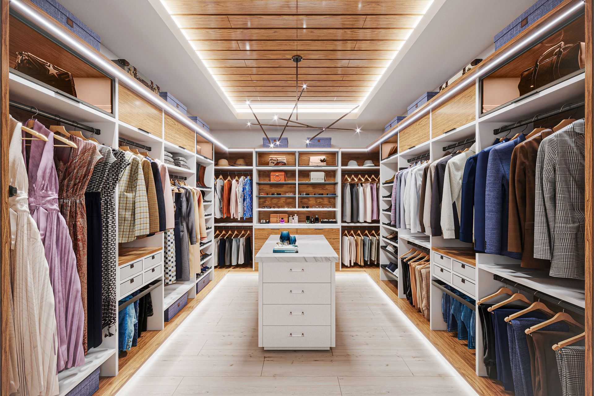 A well-lit, modern walk-in closet with white shelving, hanging clothes, and a center island. Wood accents and neutral colors create a luxurious space.