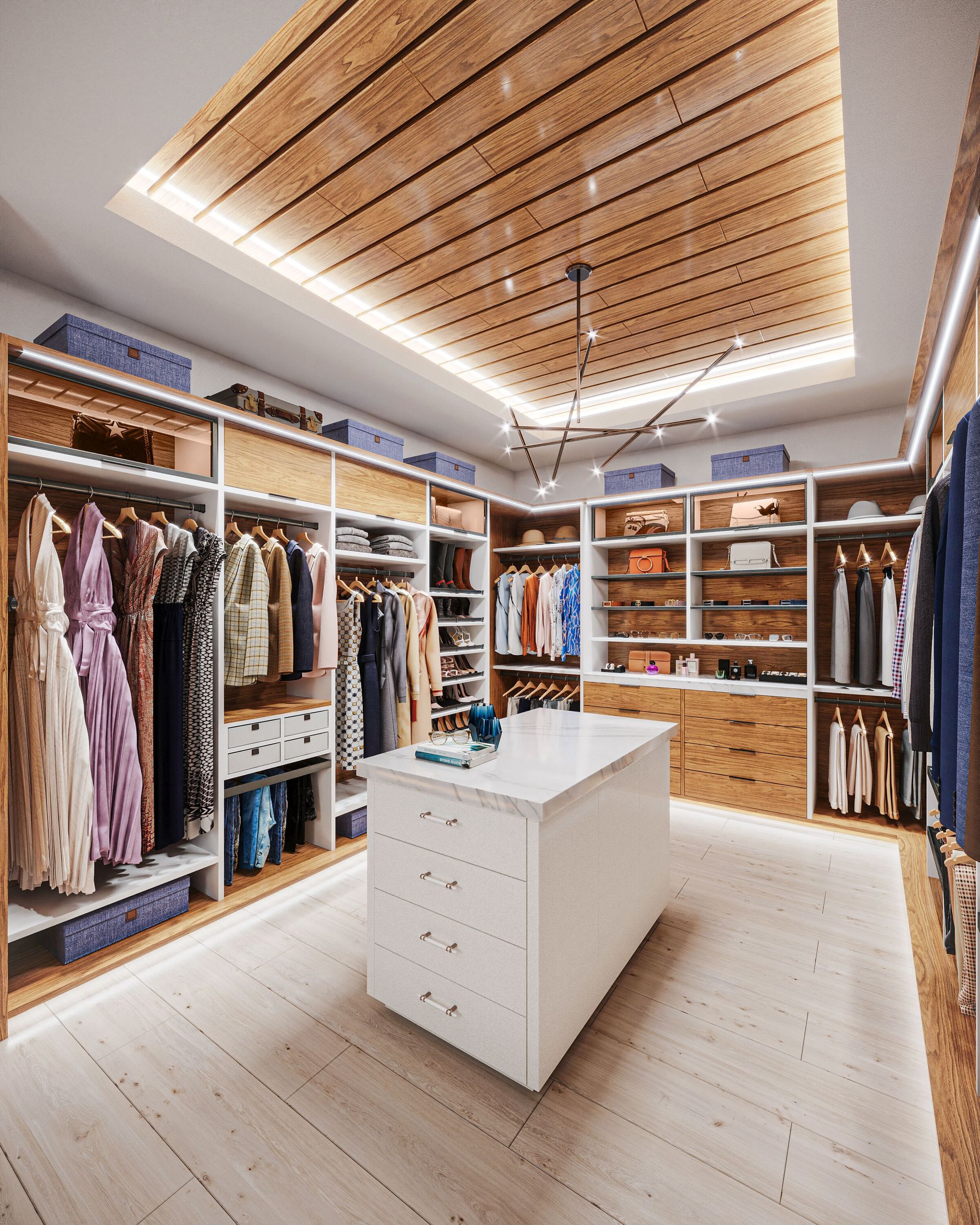 A luxurious walk-in closet with wood paneling and a white island. Clothes are neatly organized on shelves and racks.
