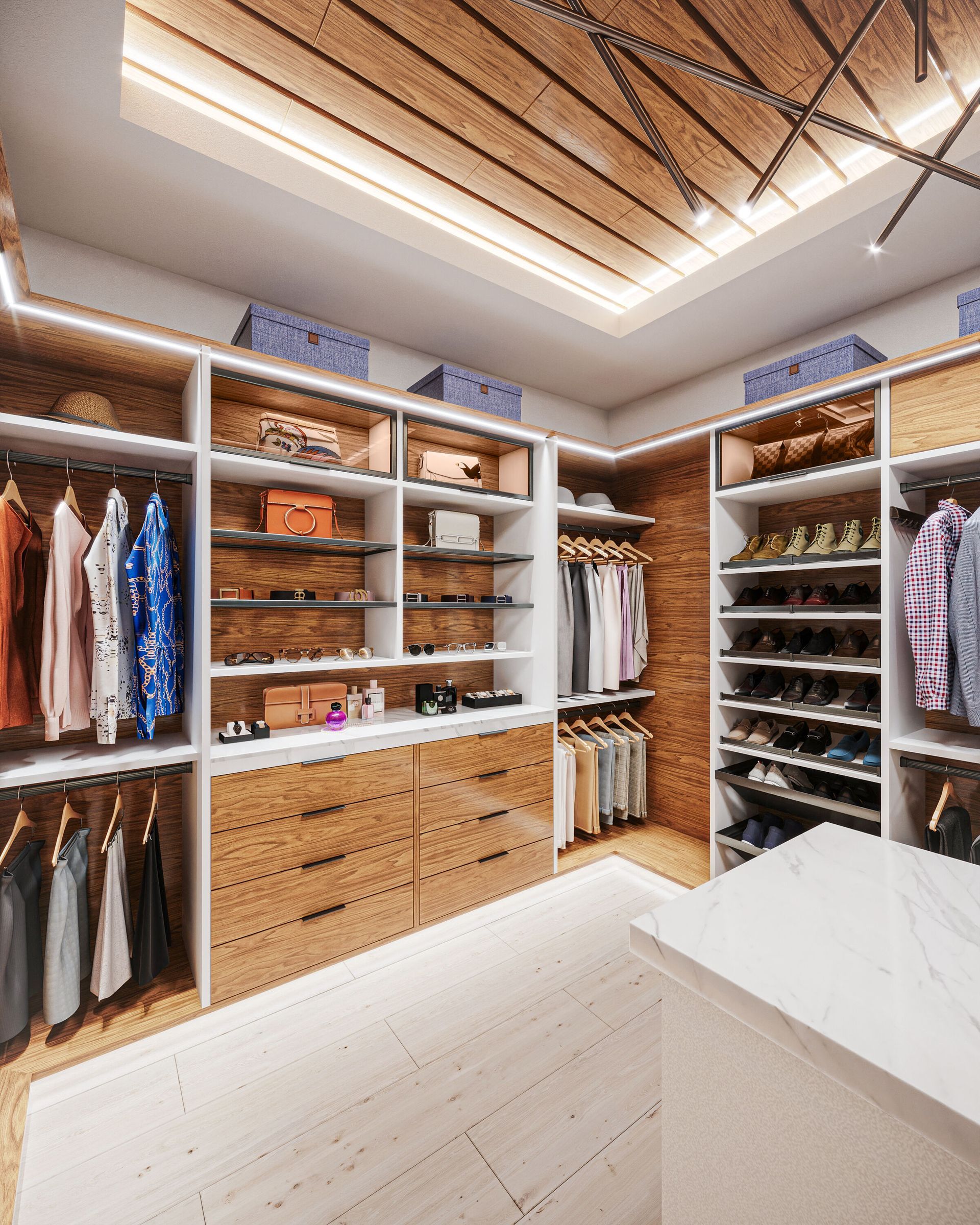 Walk-in closet with wood shelving, brick accents, and clothing displayed. Light wood floor, white shelving, and clothes hanging on the left and right.