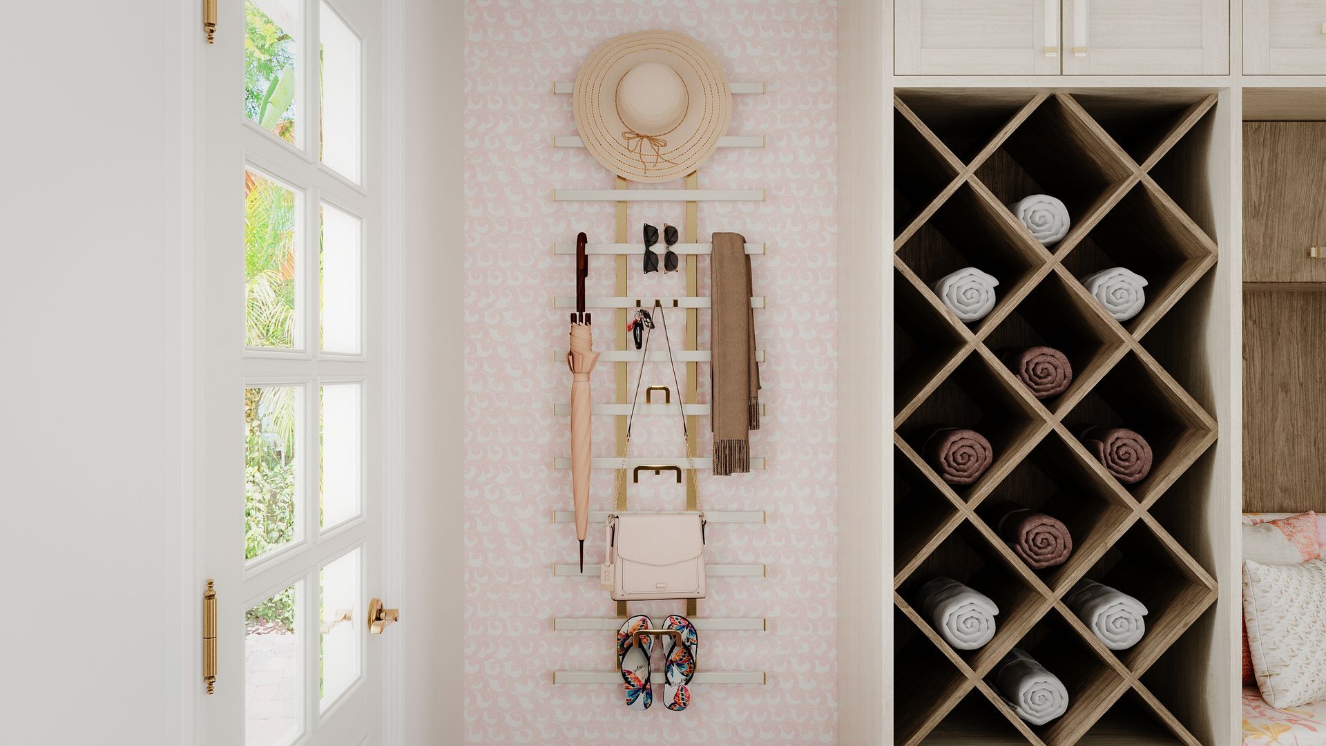 A decorative wall organizer displays hats, bags, and accessories. Next to it, a wine rack with bottles is visible.
