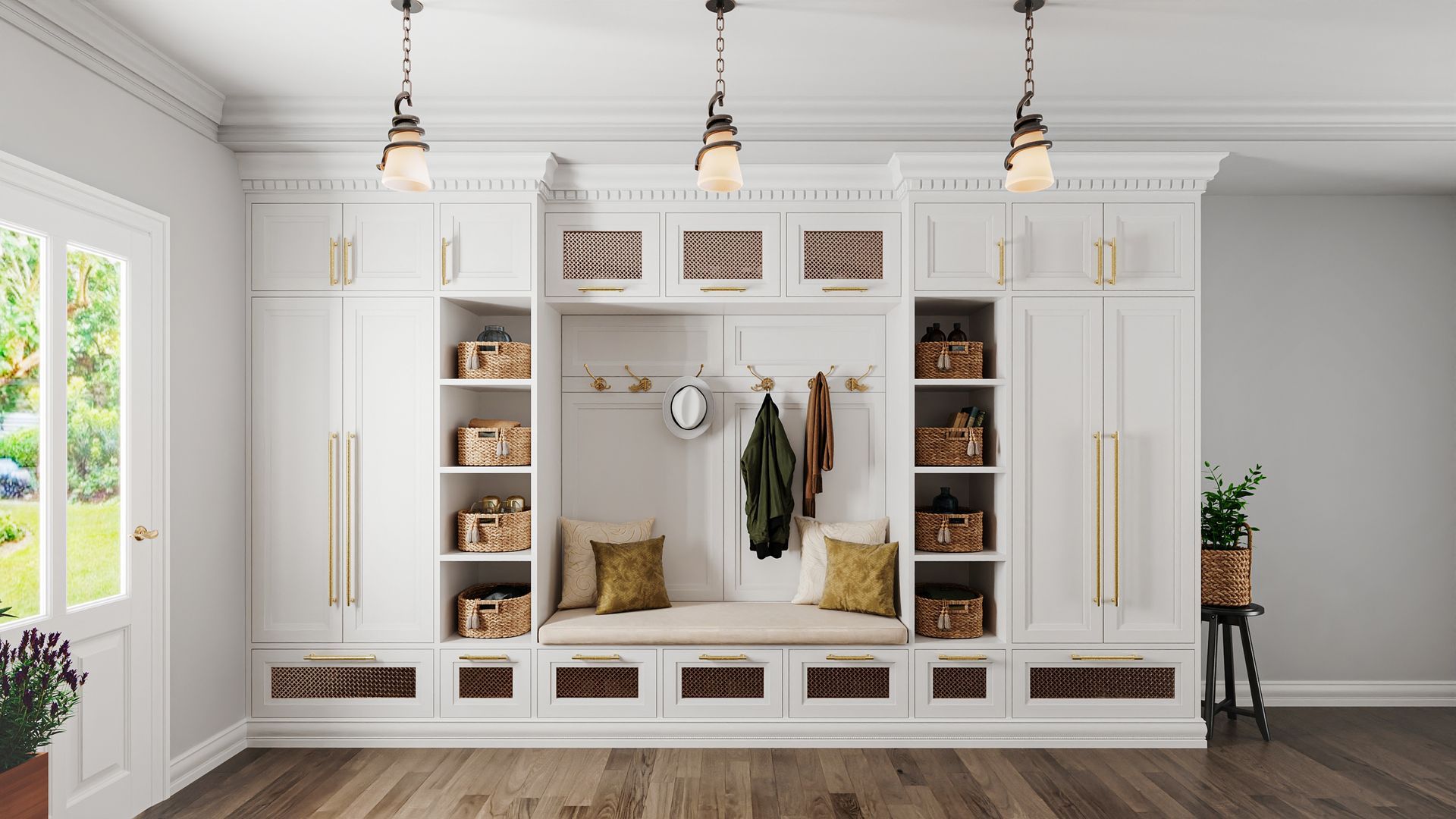 White custom built-in storage unit in entryway with a bench, shelves, hooks, and baskets. Three pendant lights hang above.