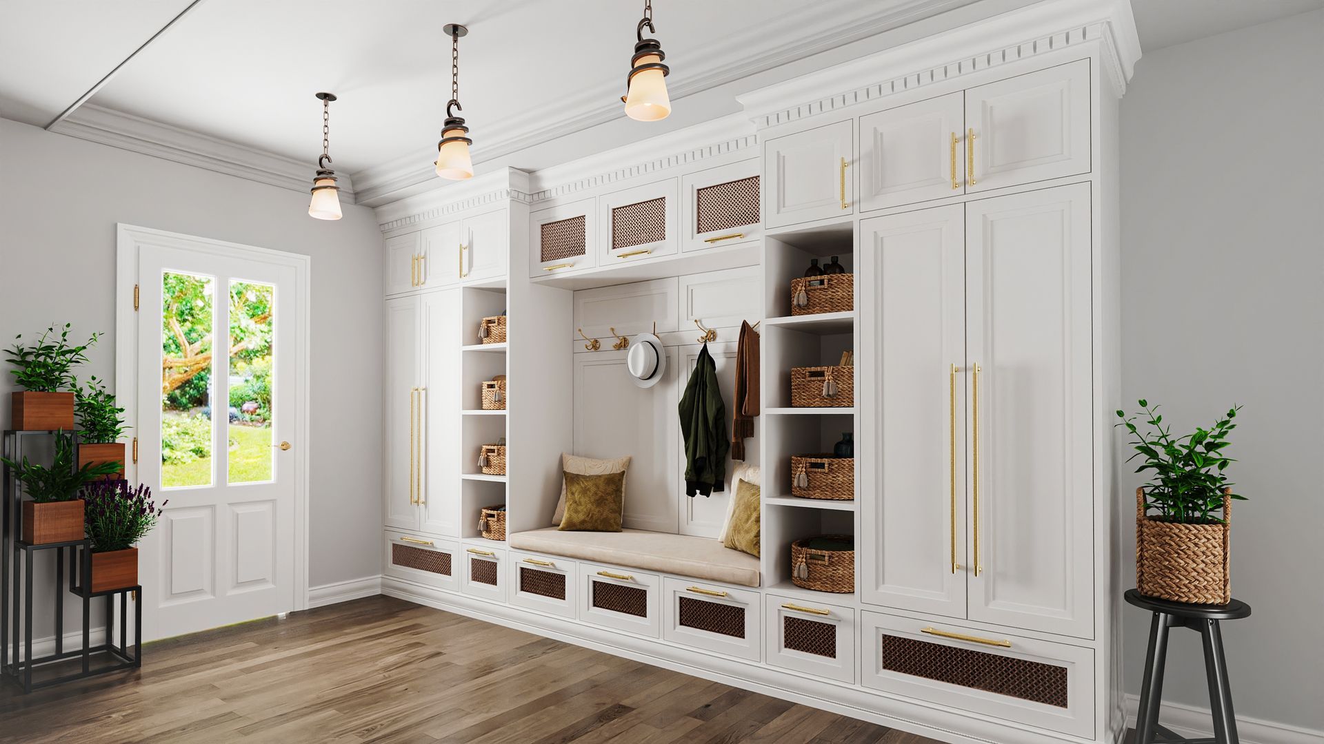 A bright entryway with white built-in storage and a bench seat. Includes a door with a view, hanging lights, and potted plants.