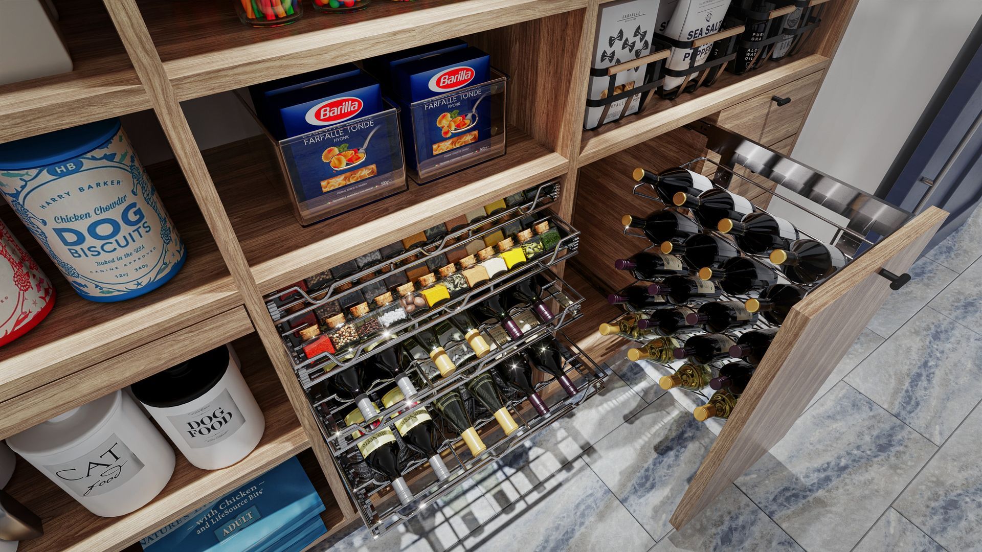 Pantry with pull-out drawers. One drawer holds wine bottles, while another has spice racks. Wooden shelves contain pasta boxes and pet food.