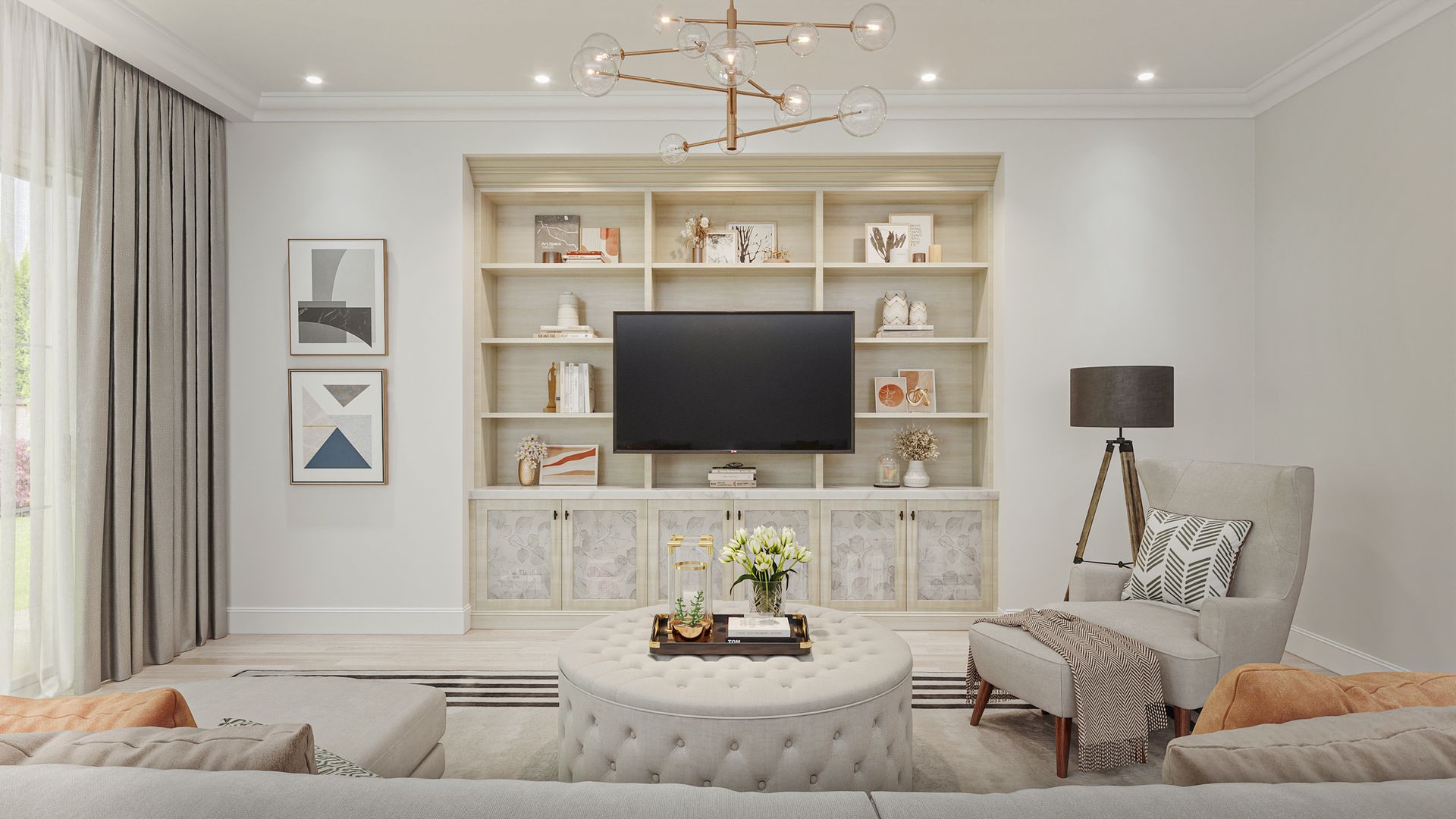 Elegant living room with built-in shelving around a TV, beige tufted ottoman, and a cozy armchair. Neutral tones and natural light create a serene atmosphere.