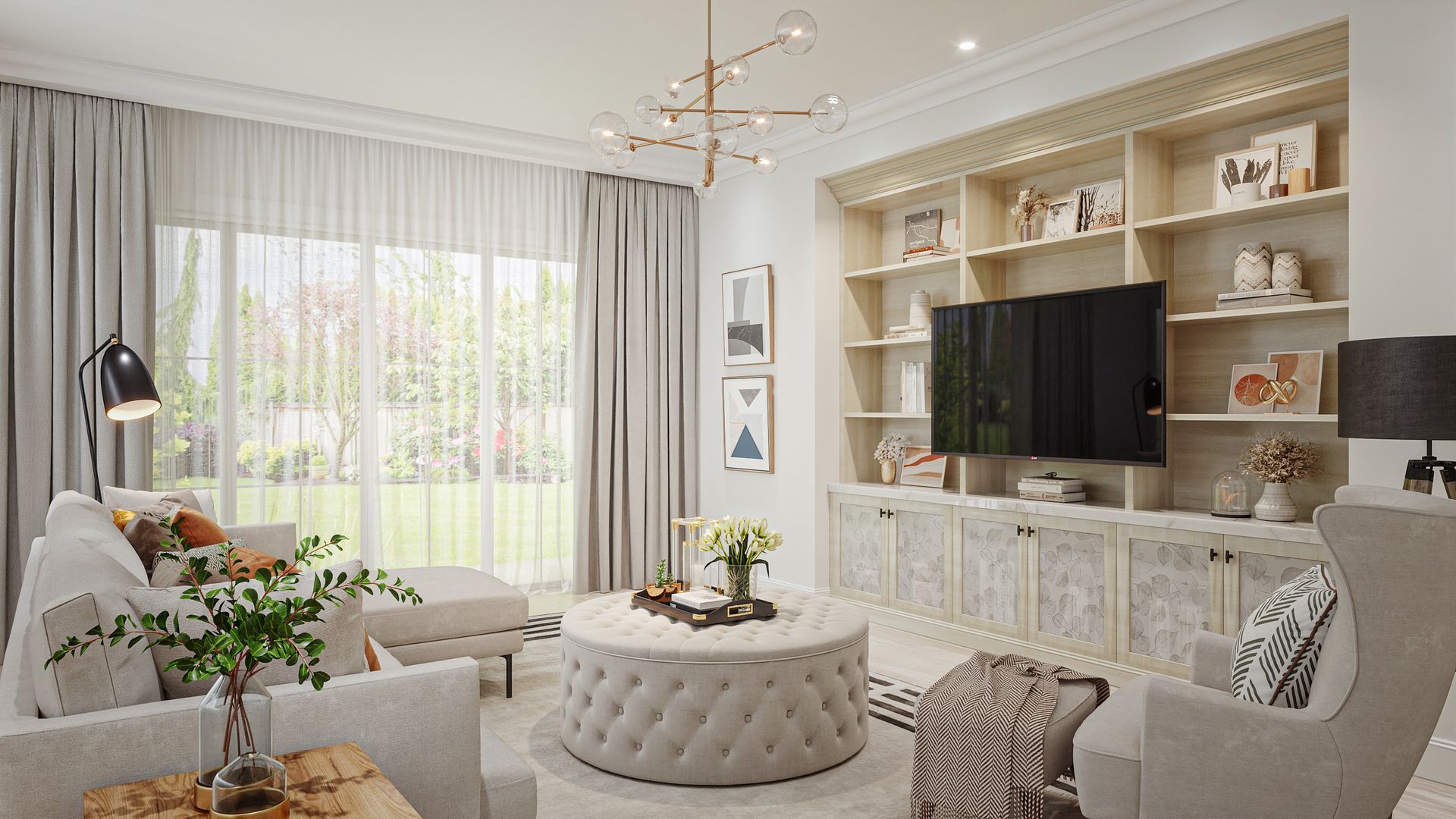 Elegant living room with neutral tones, large built-in shelves around a TV, and a tufted ottoman. A large window offers a view of greenery.