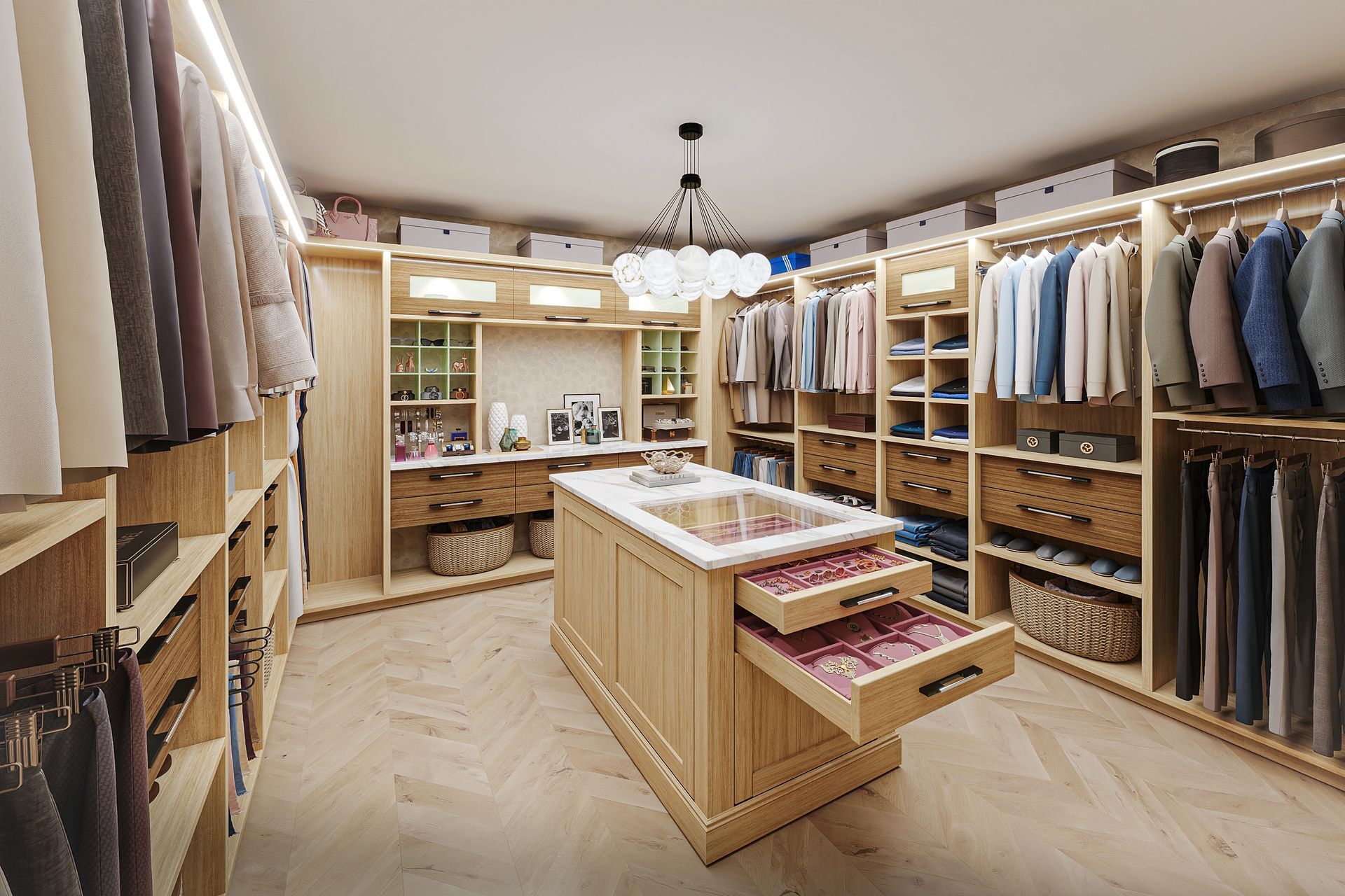 A luxurious walk-in closet with light wood shelving, a central island with drawers, and hanging clothes.