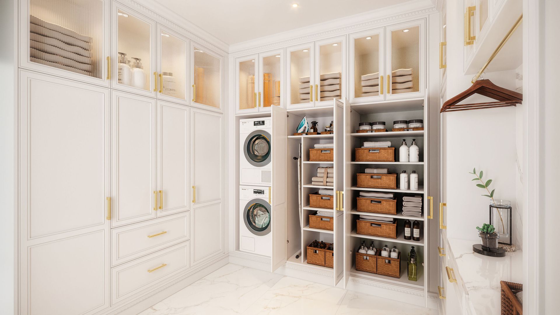 Elegant white laundry room with stacked washer/dryer, storage cabinets, and baskets. Gold hardware and accents.