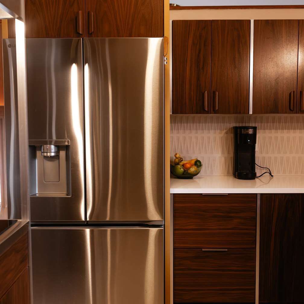 A stainless steel refrigerator next to dark wood cabinets, white countertops, a coffee maker, and a bowl of fruit.