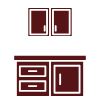 A dark maroon icon depicting a kitchen cabinet unit with two wall-mounted cupboards above a base cabinet with drawers.