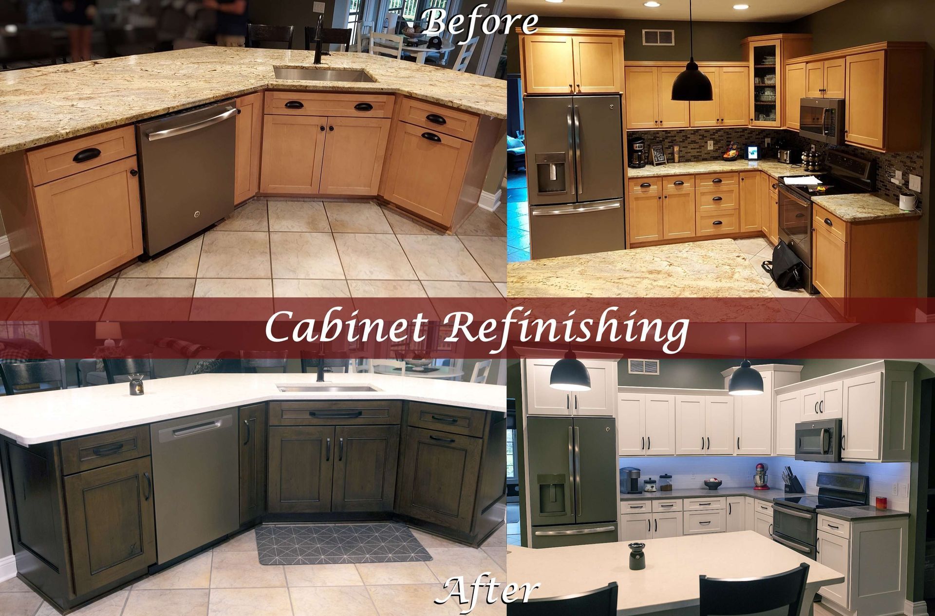 Before-and-after comparison showing a kitchen with natural wood cabinets refinished in white and dark green.