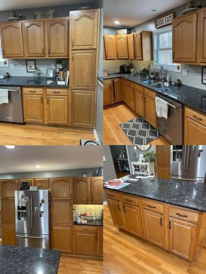 Four-panel collage showing a kitchen with light wood cabinets, dark granite countertops, and stainless steel appliances.
